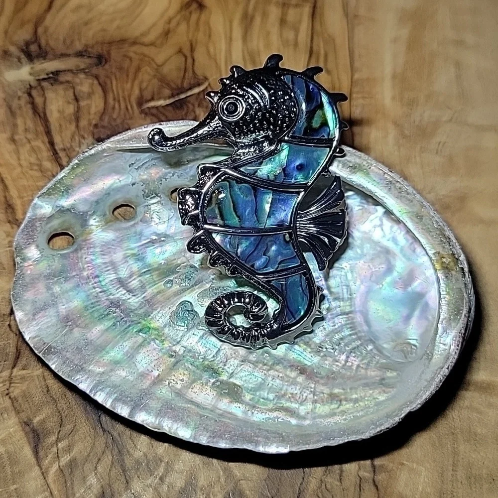 NEW Fantastic Colorful Abalone Shell Seahorse Pendant Brooch Beach Boho Chic